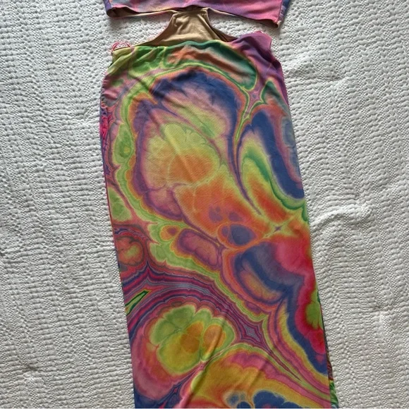 AFRM Tie-Dye Pink and Yellow Abstract Bodycon Halter Tessa Mesh Midi Dress Small - Picture 6 of 13